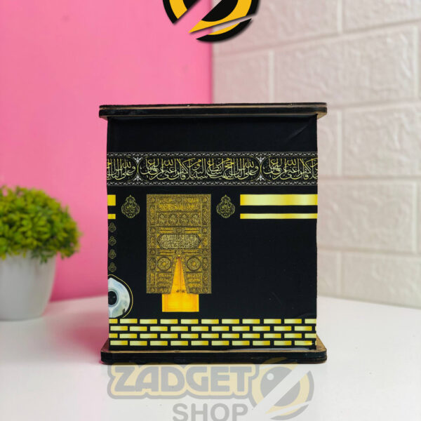 Front view of Kaba Umrah Saving Bank Box with black-and-gold Kaaba-inspired design at Zadgetshop