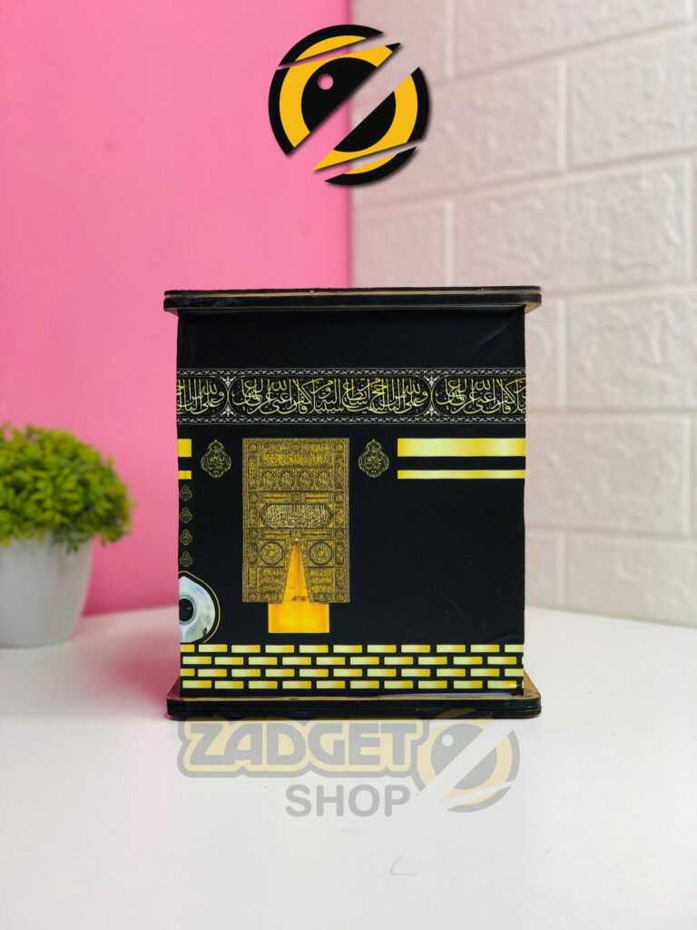 Front view of Kaba Umrah Saving Bank Box with black-and-gold Kaaba-inspired design at Zadgetshop