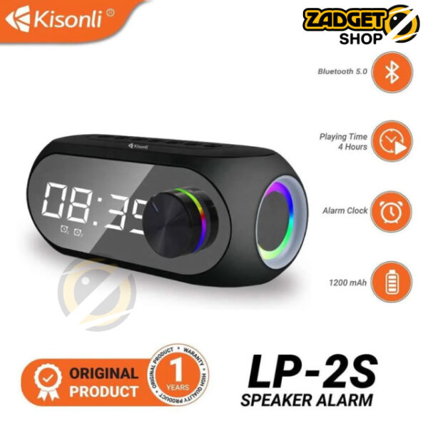 Kisonli LP-2S RGB Clock Bluetooth Speaker with digital clock, alarm feature, Bluetooth support and black tabletop design in Bangladesh