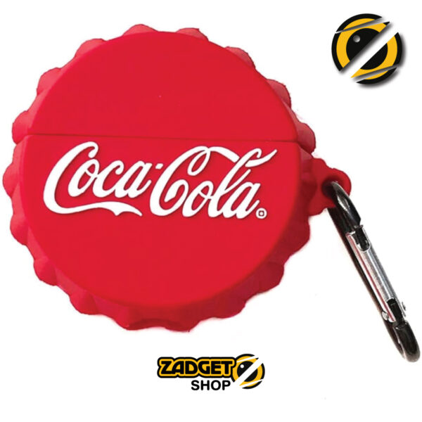 Red cola-style AirPods Pro silicone case with metal carabiner on white background