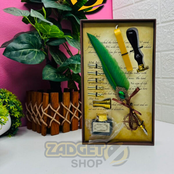 Vintage green feather pen writing set with ink bottle, five nibs, wax seal stamp and sealing wax in a decorative gift box
