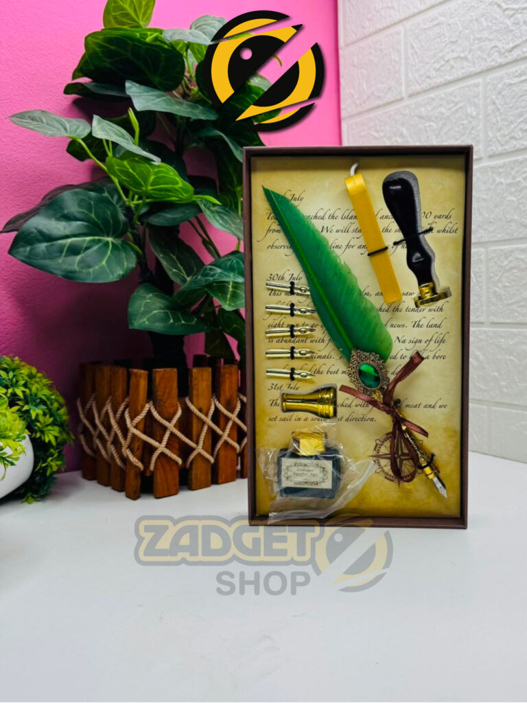 Vintage green feather pen writing set with ink bottle, five nibs, wax seal stamp and sealing wax in a decorative gift box