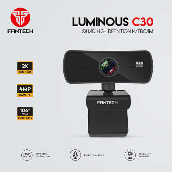 Fantech Luminous C30 USB 2K 4MP webcam with built-in microphone and 106 degree field of view