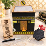 Complete Kaba Umrah Saving Box gift set with marker, wooden stand and decorative lid