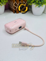 Angled pink QIF QY-54 mini power bank with built-in charging cable and visible charging ports