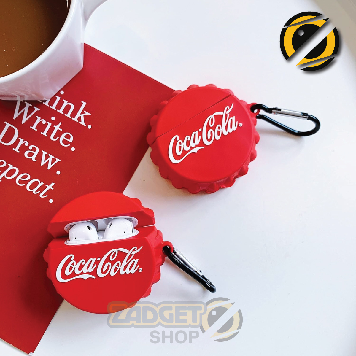Red cola-style AirPods Pro silicone case with metal carabiner on white background