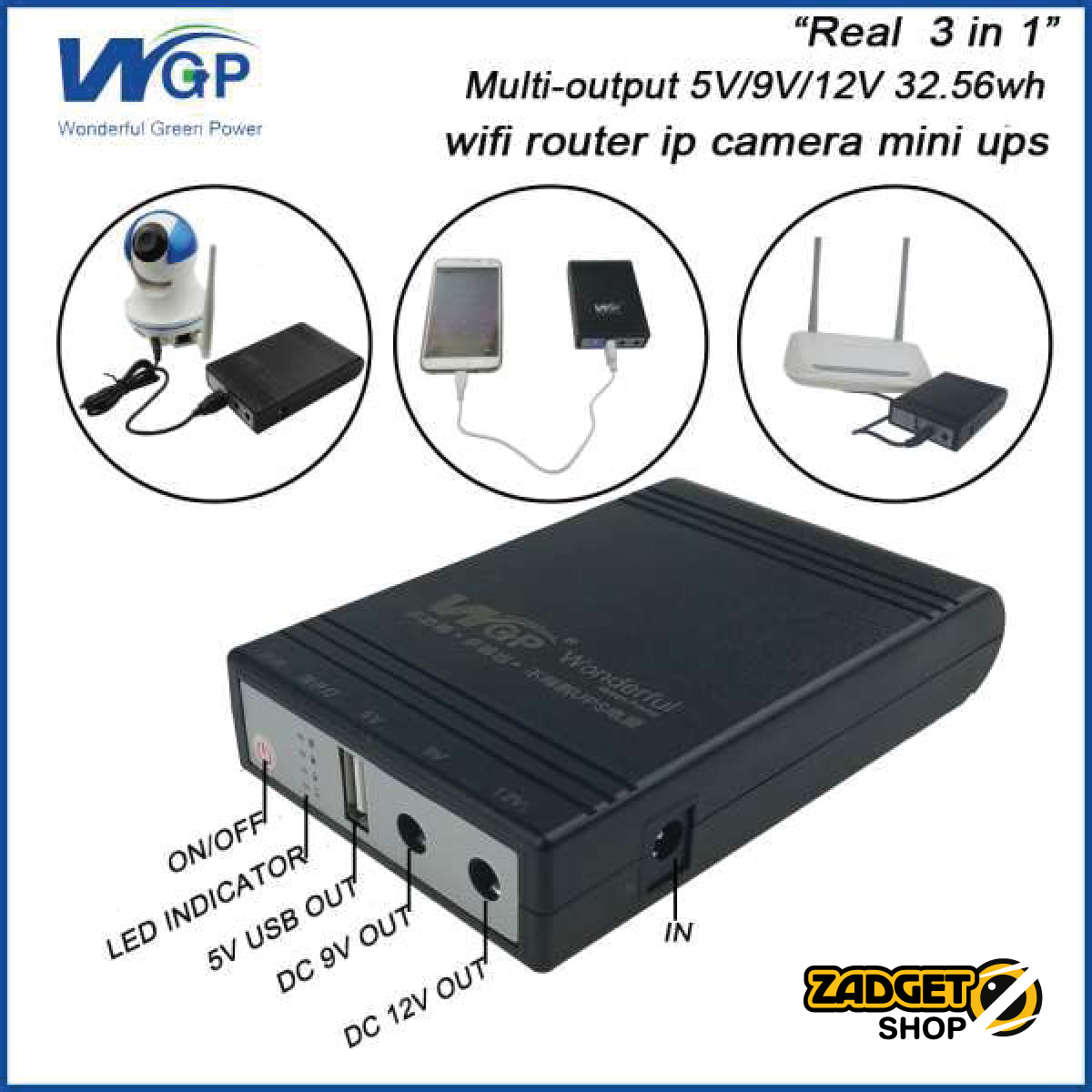 WGP 10400mAh Mini UPS with 5V USB, 9V DC and 12V DC outputs for compatible router and IP camera