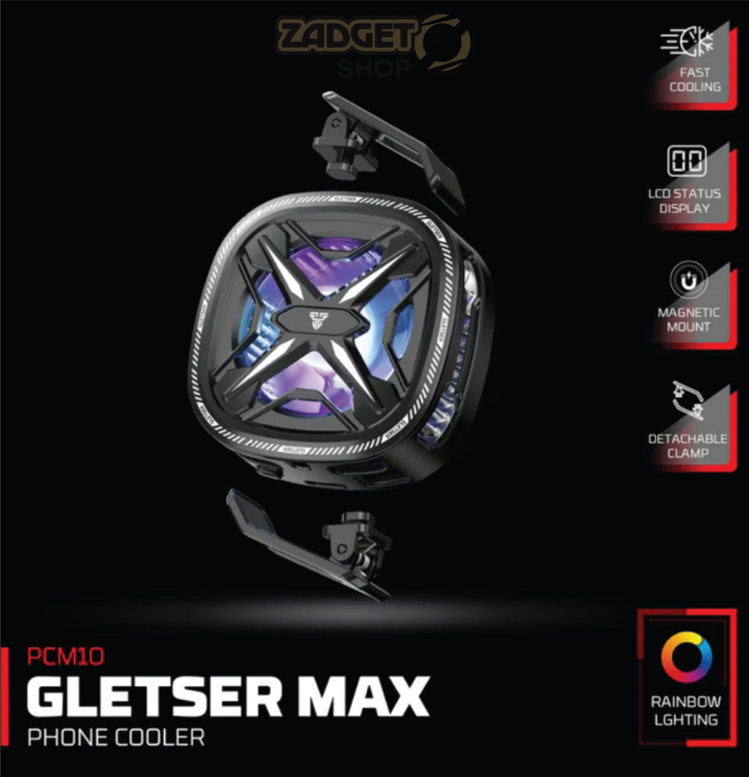 Fantech PCM10 GLETSER MAX Phone Cooler with fast cooling, LCD display, detachable clamp and rainbow lighting