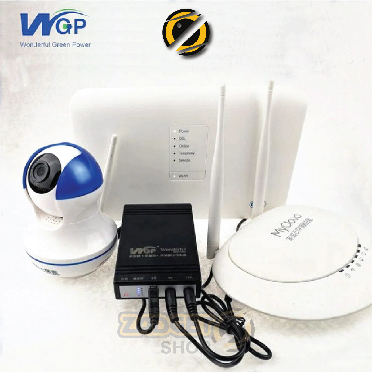 WGP Mini UPS connected with compatible WiFi router, ONU and IP camera for power backup