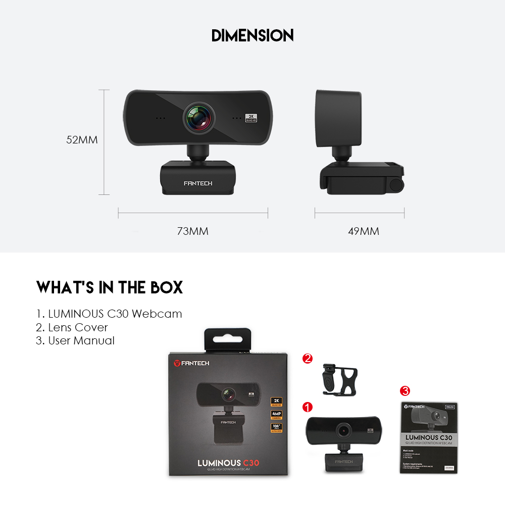 Fantech Luminous C30 webcam dimensions with lens cover, user manual and product box