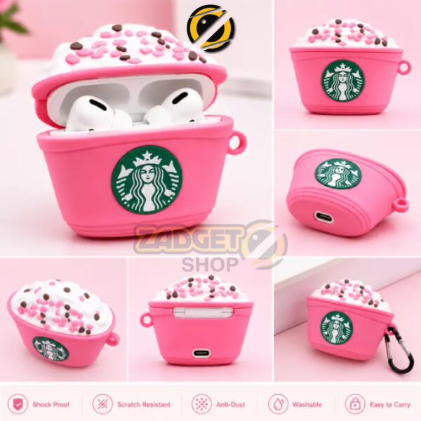 Pink Coffee Cup Style AirPods Pro Case Cover with soft silicone body, charging-port opening and black carabiner