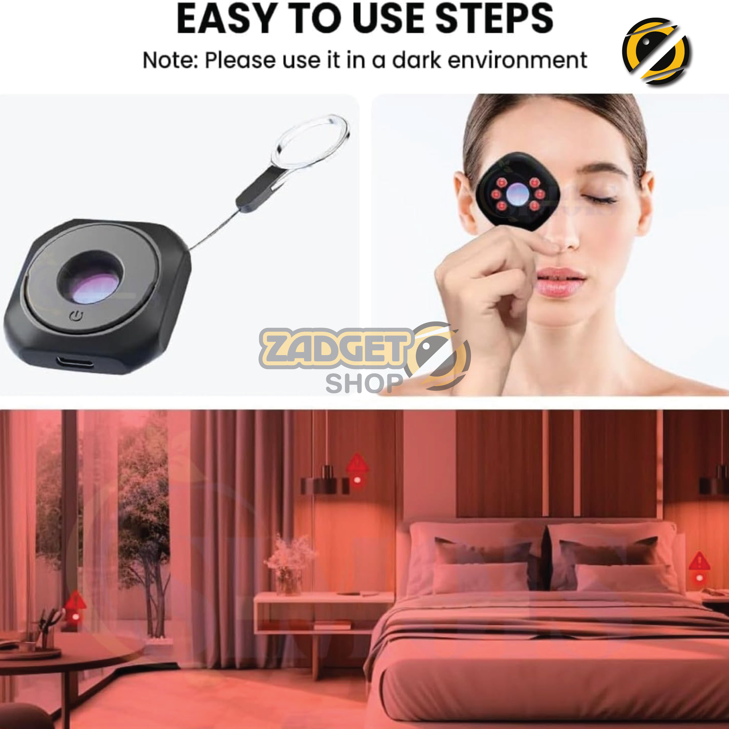 Compact black mini hidden camera detector being placed inside a travel handbag