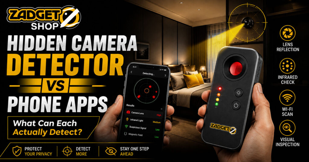 Hidden camera detector vs phone apps comparison showing optical detector and smartphone checks for lens reflection, infrared, Wi-Fi and visual inspection