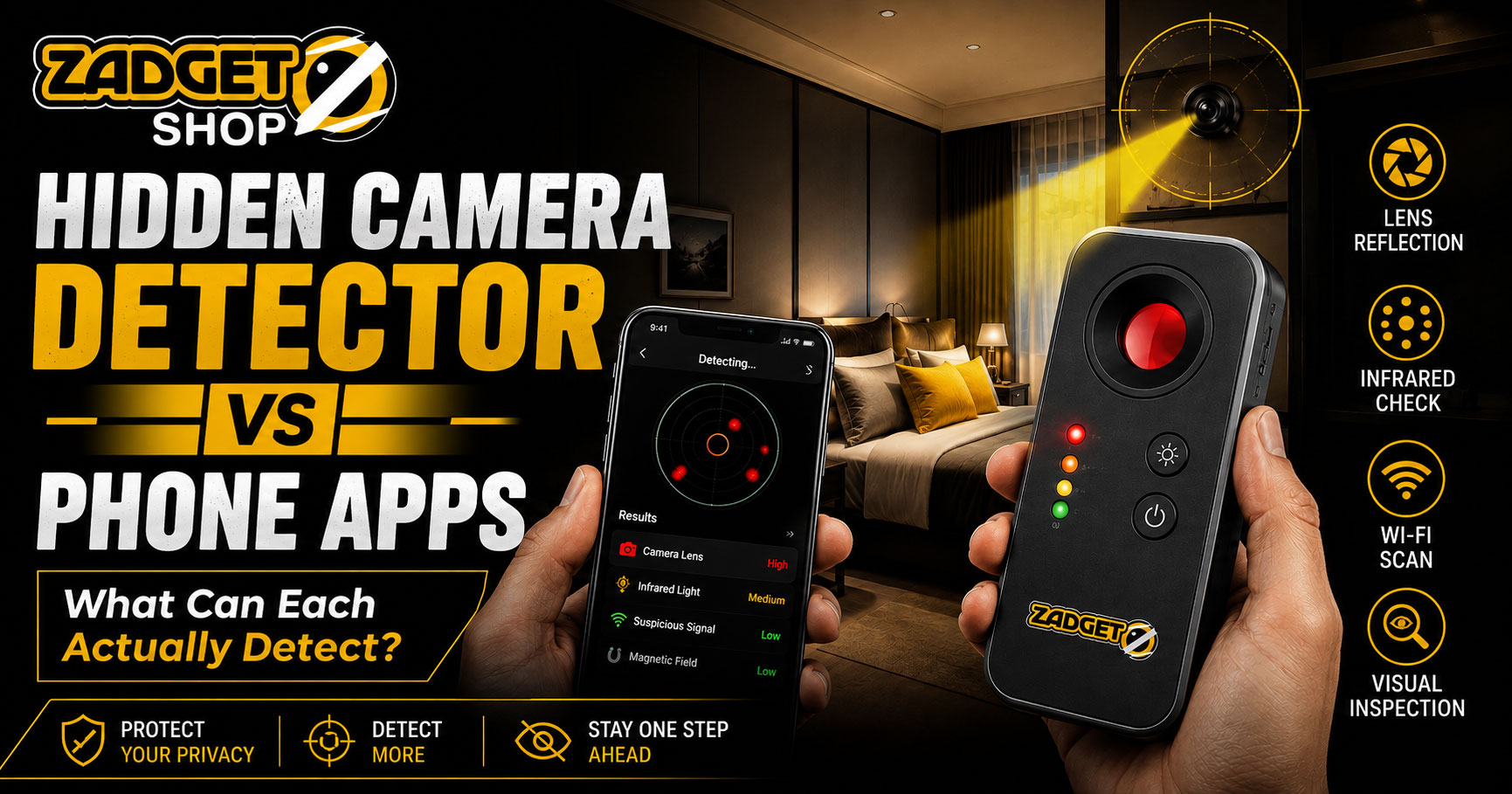 Hidden camera detector vs phone apps comparison showing optical detector and smartphone checks for lens reflection, infrared, Wi-Fi and visual inspection