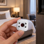 White Mini Hidden Camera Detector held in hand during an optical privacy check in a hotel room