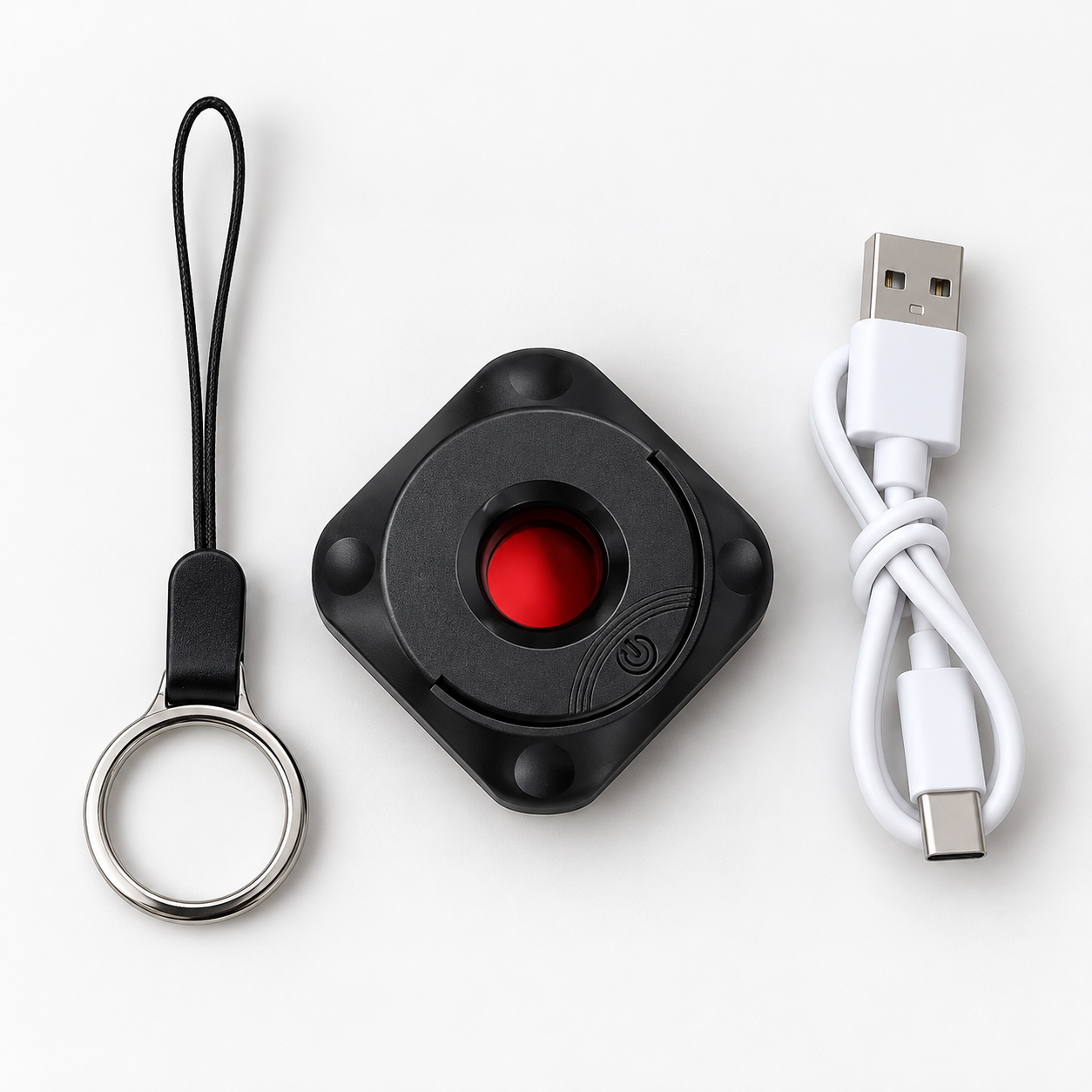 Mini Hidden Camera Detector with Type-C Cable Zadgetshop Black Mini Hidden Camera Detector with Type-C charging cable and ring strap on white background