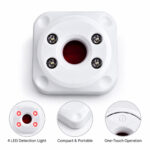 White Mini Hidden Camera Detector showing four LED detection lights, compact design and one-touch control
