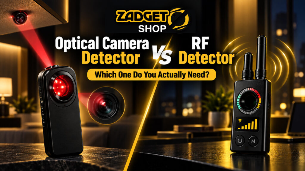 Optical camera detector vs RF detector comparison showing lens reflection detection and wireless signal scanning